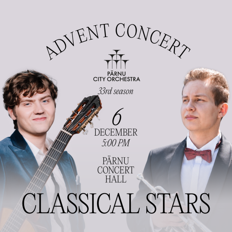 Classical Stars Advent Concert featuring guitarist Harald Trass, trumpeter Justas Drakšas and conductor Henri Christofer Aavik at Pärnu Concert Hall.
