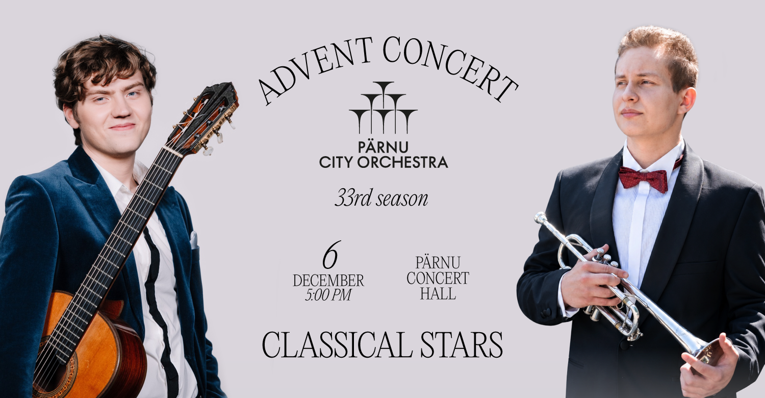 Classical Stars Advent Concert featuring guitarist Harald Trass, trumpeter Justas Drakšas and conductor Henri Christofer Aavik at Pärnu Concert Hall.